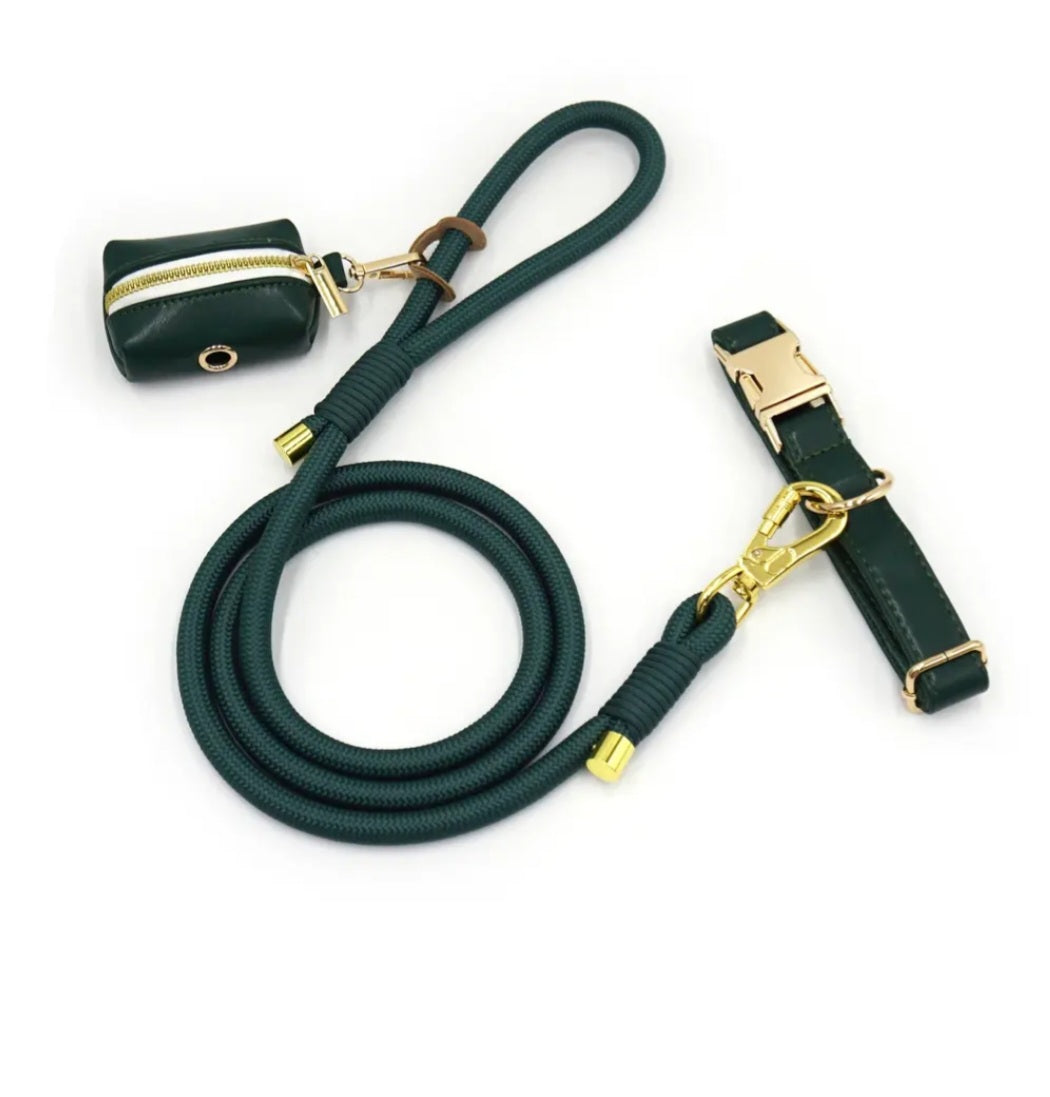 The Jet Set Collection: Vegan Leather Dog Collar, Lead & Poop Bag Holder Set